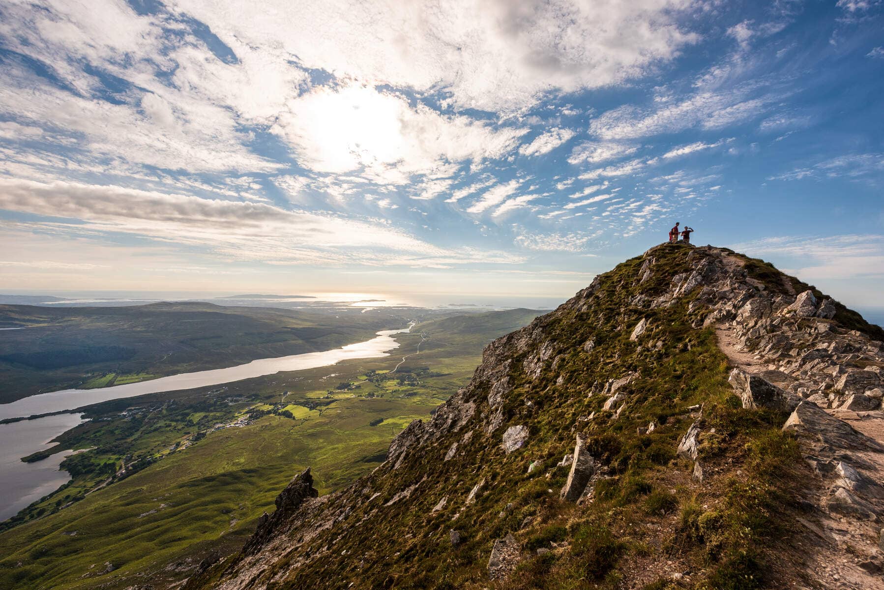 Scenic view of Errigal Mountain reflected in a lake, with blooming pink heather in the foreground, County Donegal.