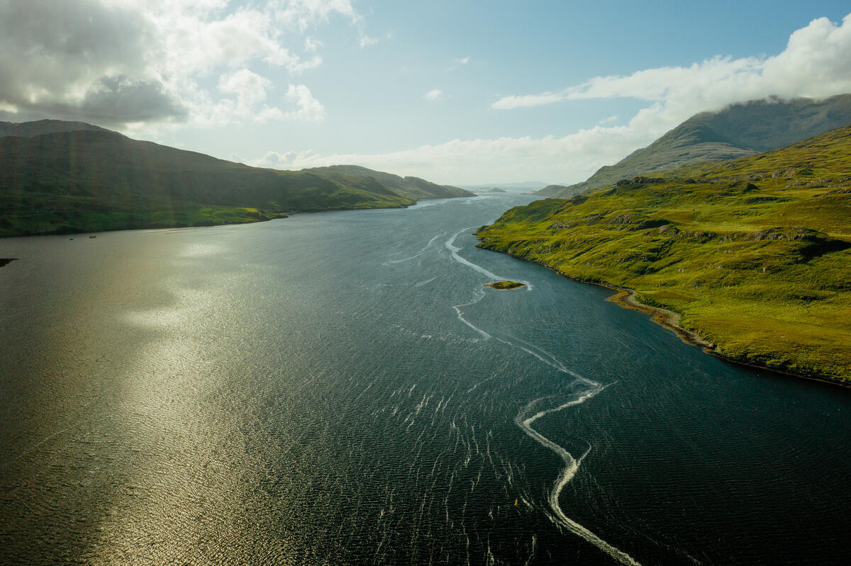 Aerial view of Killary Harbour between the mountains of Connemara, County Galway and County Mayo.