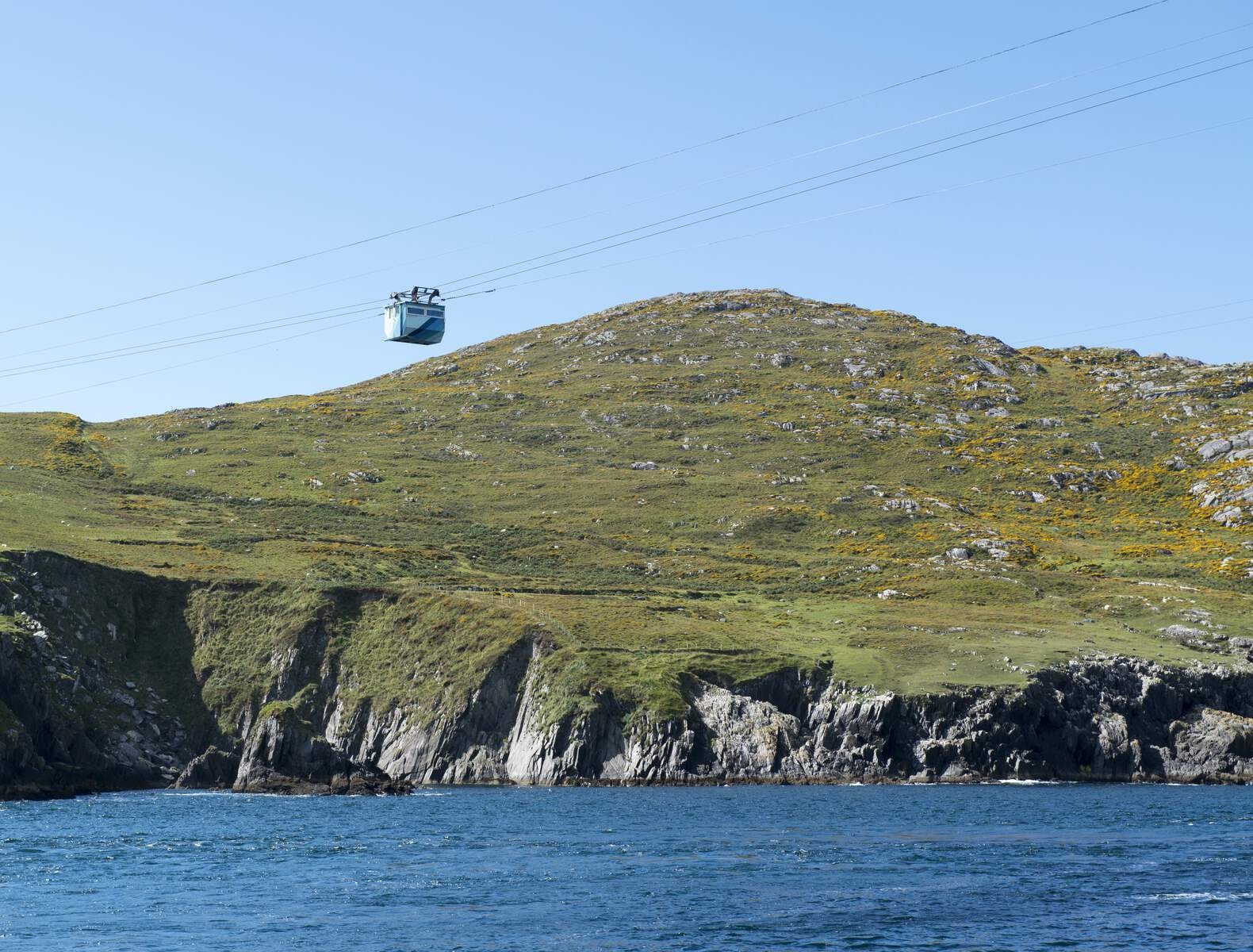 Dursey Island cable car crossing over coastal cliffs towards grassy hilltop in County Cork.