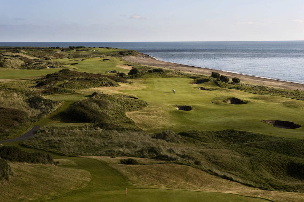 Coastal golf course at The European Club with rolling dunes and views of the Irish Sea.