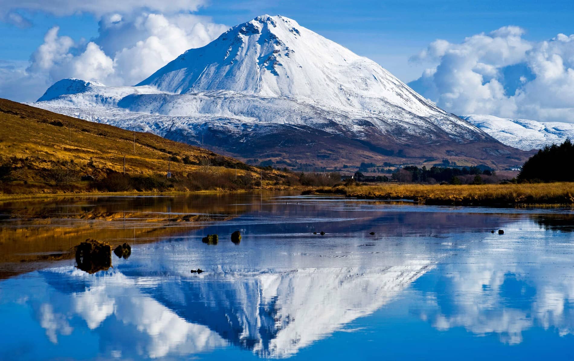 Snow-capped Mount Errigal rises sharply above a golden landscape reflected in still water.