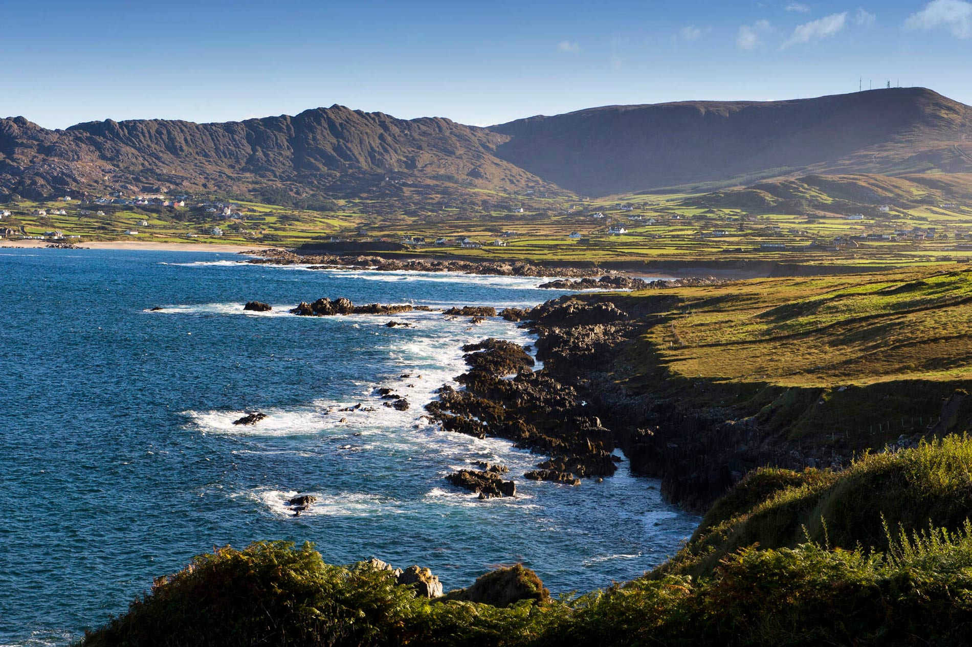 Rugged coastline and farmland along Ireland’s southern peninsulas.