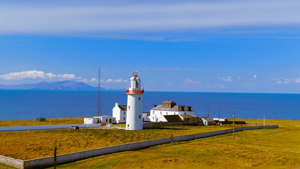 Loop Head Lighthouse and whitewashed lightkeeper’s cottages overlooking the Atlantic, with mountains on the horizon.