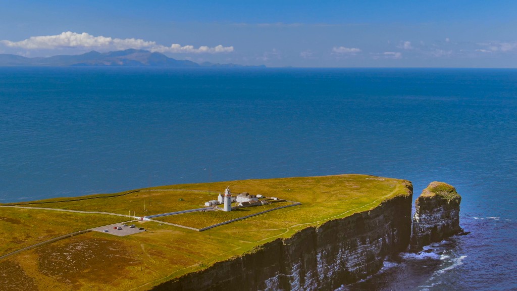 Loop Head Lighthouse complex on grassy headland above steep sea cliffs, surrounded by ocean views in County Clare.