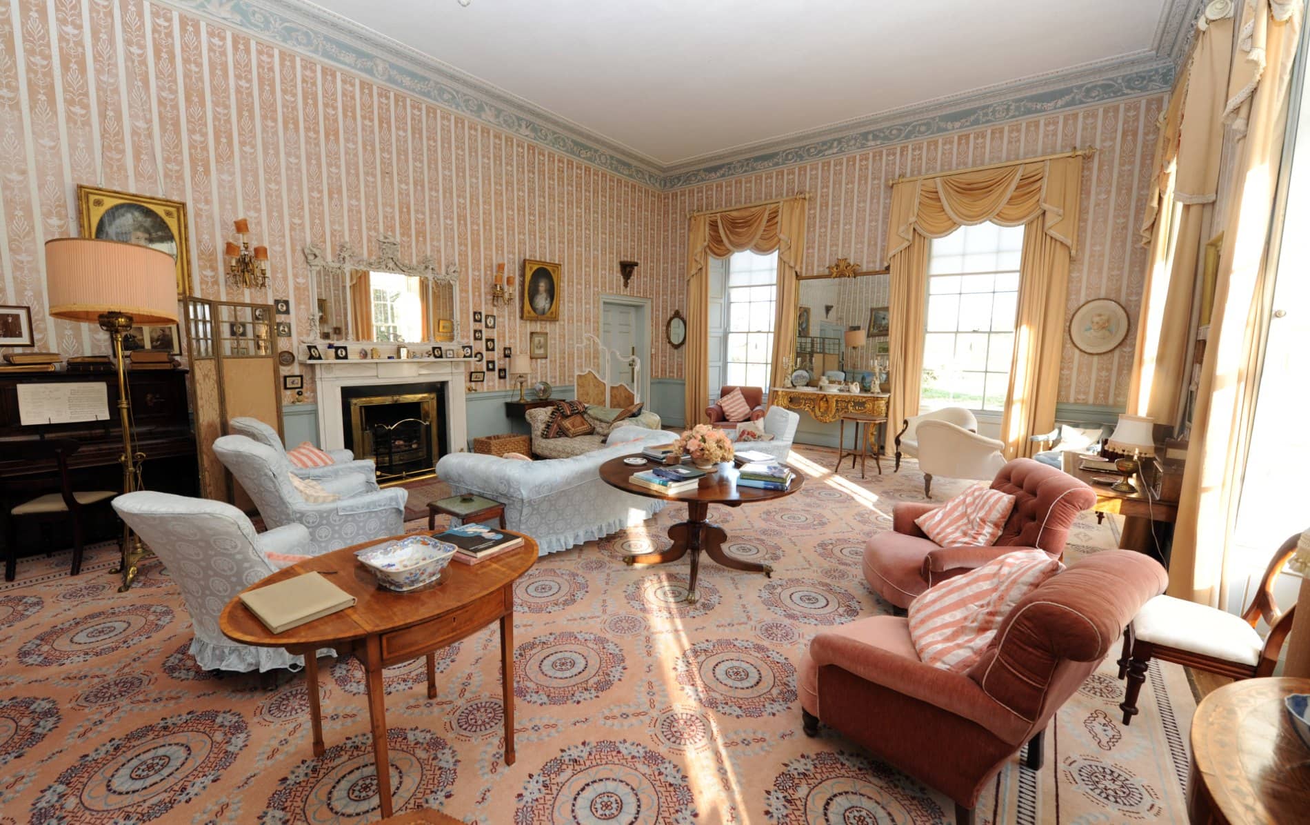 Elegant drawing room with antique furniture at Enniscoe House, County Mayo.