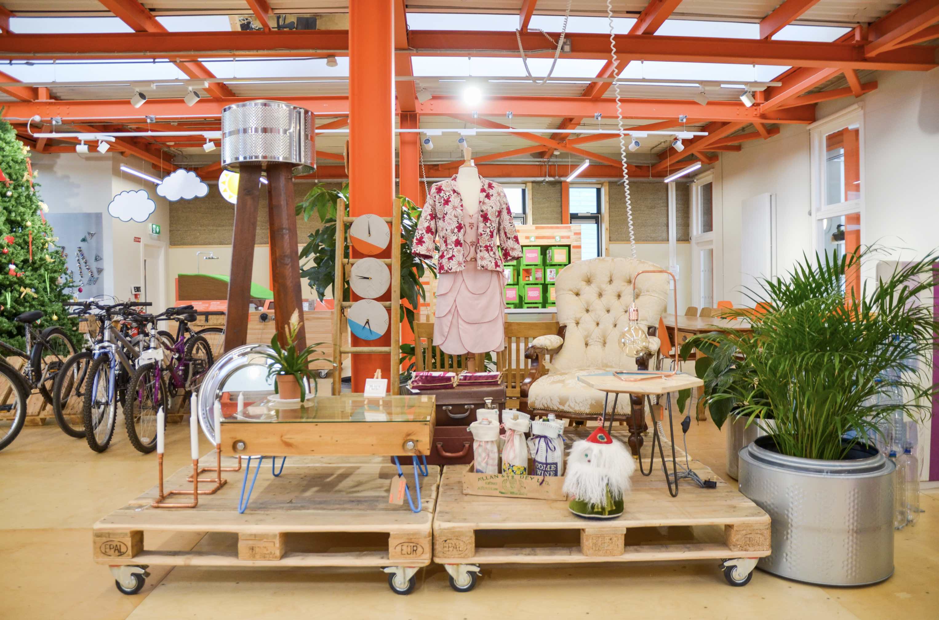 Upcycled furniture, plants and bicycles displayed in the Rediscovery Centre in Ballymun, Dublin.