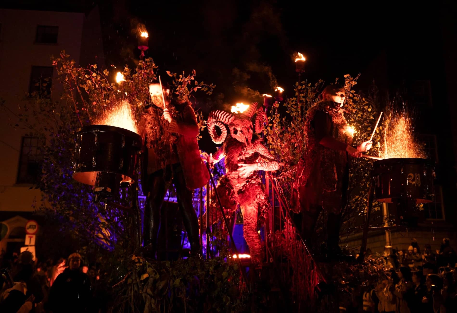 Fiery Halloween parade with drummers and a horned figure at Dublin’s Bram Stoker Festival.