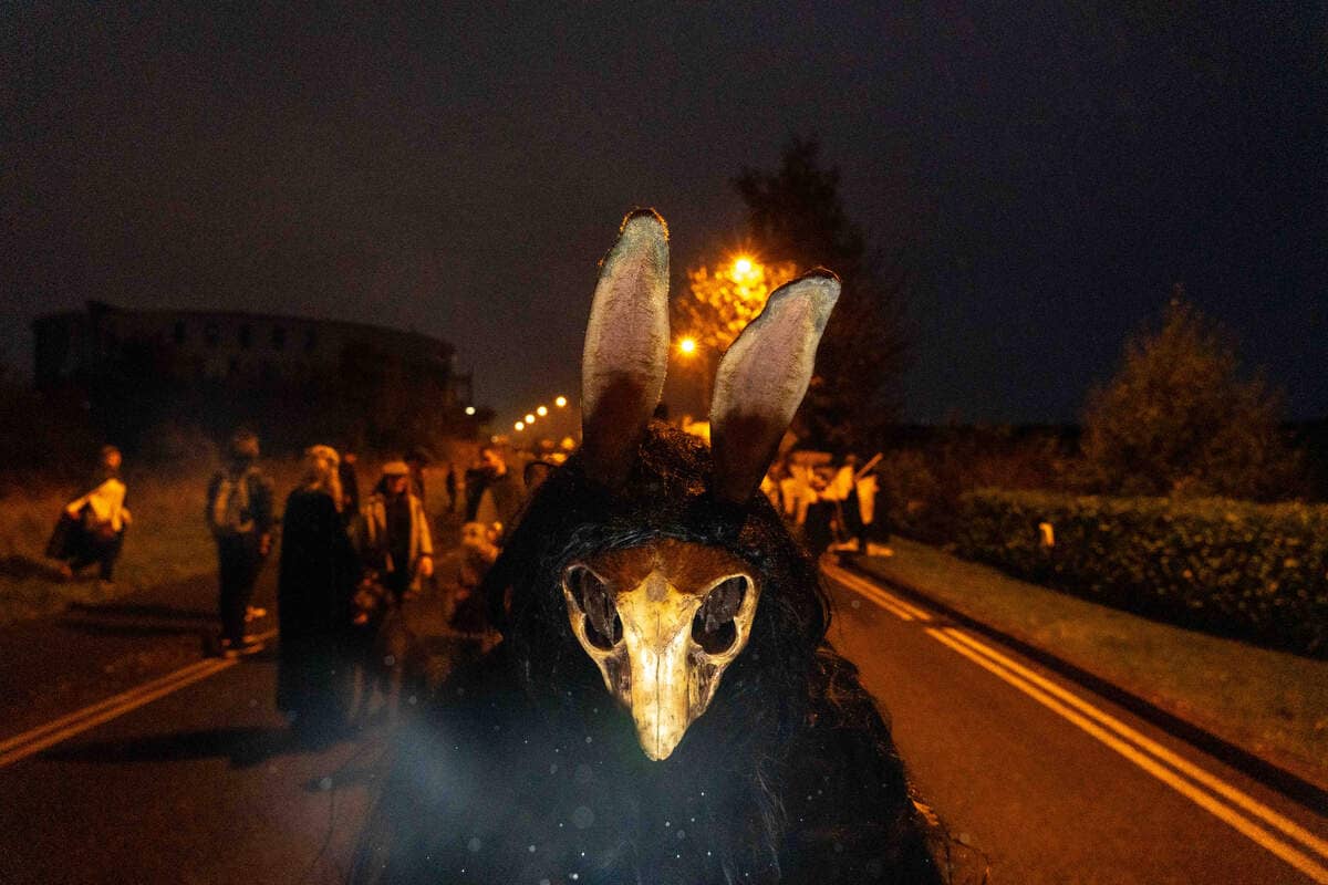 Festival performer in a horned animal skull mask with long ears at the Púca Festival in Ireland.