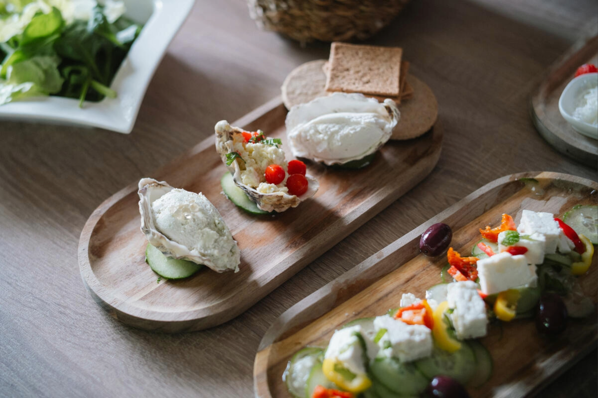 Fresh buffalo mozzarella served on oyster shells with crackers at Macroom Buffalo Farm, County Cork.