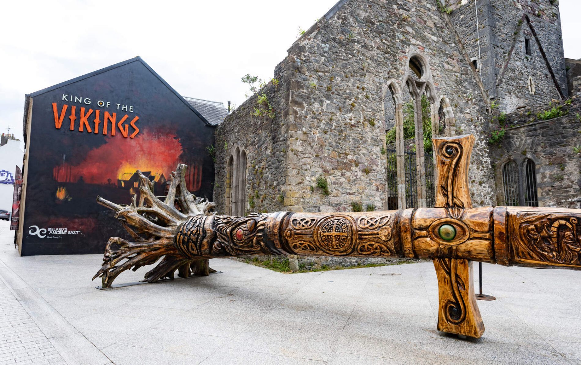 King of the Vikings attraction with mural and carved wooden sculpture in Waterford city.