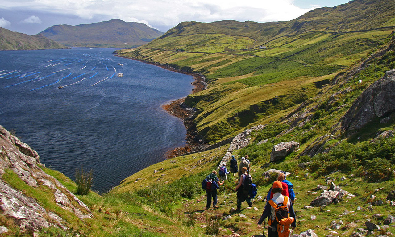Four walkers with backpacks crossing grassy hillside in Ireland, distant blue mountains under clear sky.