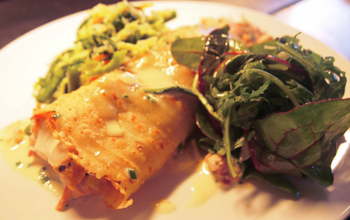 Traditional Irish boxty pancake served with salad and vegetables at O’Holohan’s restaurant in Belfast.