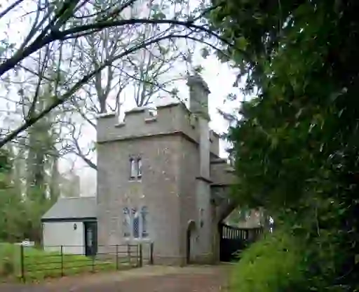 Gothic-style stone gatehouse with turret nestled among trees in County Cork.