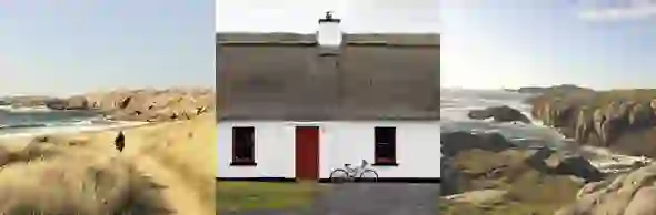 Triptych of Donegal Thatched Cottages with beach walk, thatched cottage, and rocky coast.
