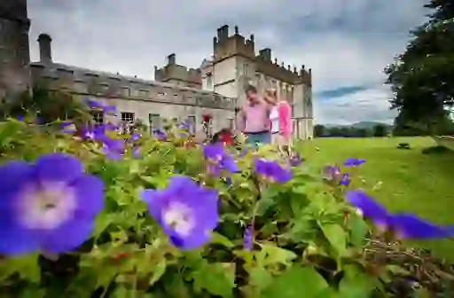 Couple admiring vibrant flowers on the lawns of historic Borris House in County Carlow.