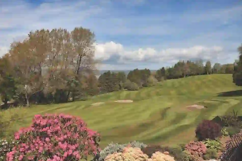 Golf green with sand bunkers and trees at Holywood Golf Club, County Down, framed by flowering shrubs.