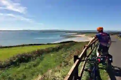 Cyclist pauses on the Waterford Greenway, overlooking the sea and golden sands in County Waterford.