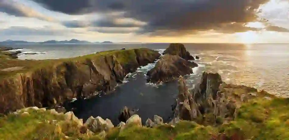 Dramatic rocky cliffs and headlands on the Dingle Peninsula, featured in Star Wars: The Last Jedi filming.