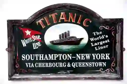 Vintage White Star Line sign advertising Titanic’s Southampton to New York route via Cherbourg and Queenstown.