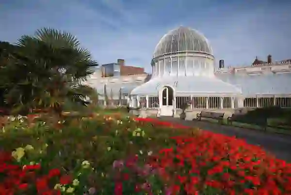 Flowers in bloom outside the Palm House glasshouse at Belfast Botanic Gardens.