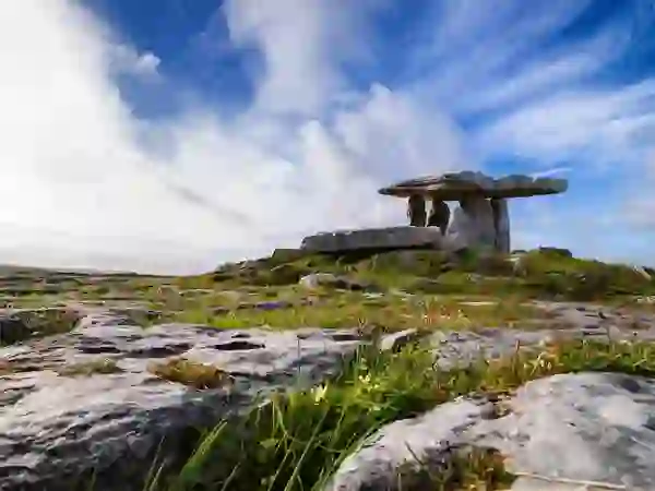 Neolithic Poulnabrone Dolmen stands on limestone pavement in the Burren, County Clare.