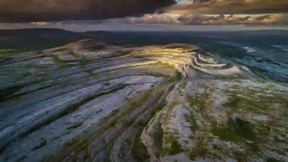 Aerial view of terraced limestone in the Burren, County Clare, said to inspire Tolkien’s fantasy world.