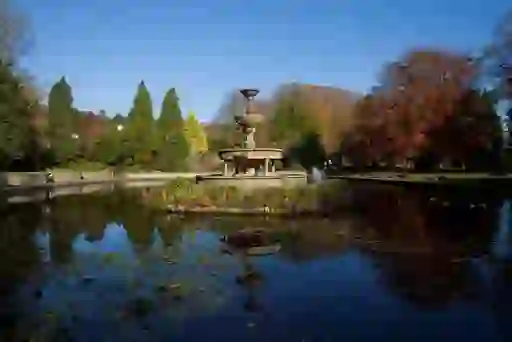 Ornamental fountain and pond surrounded by trees in Fitzgerald Park, Cork.