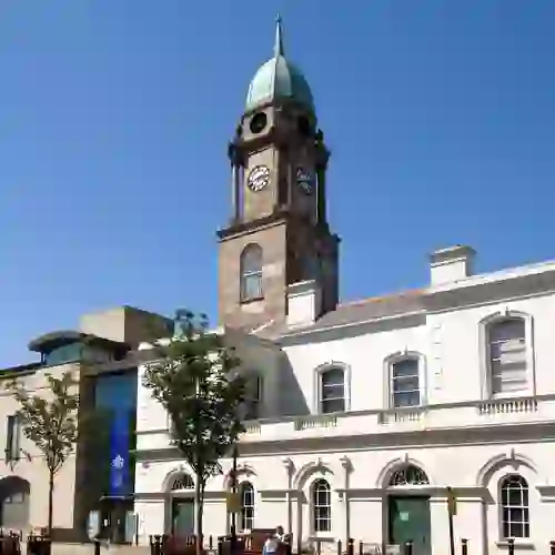 Irish Linen Centre and Lisburn Museum with clock tower and Georgian architecture in Lisburn city centre.