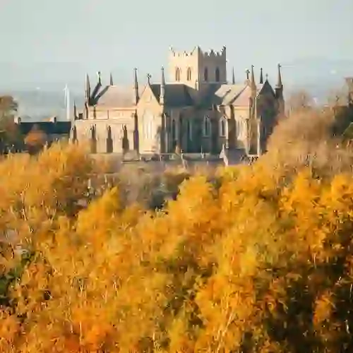 St Patrick’s Cathedral rising above golden autumn foliage in Armagh City, County Armagh.