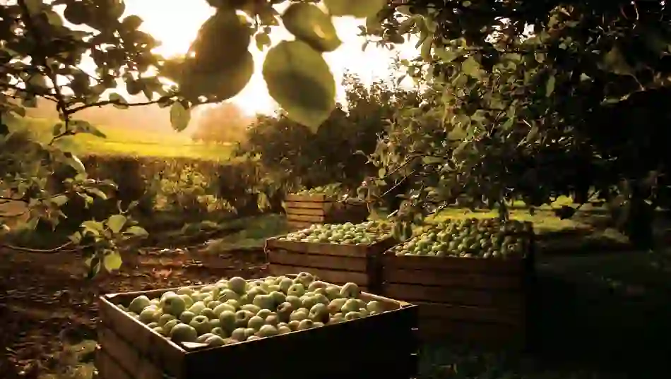Wooden crates filled with apples beneath orchard trees in County Armagh at sunset.