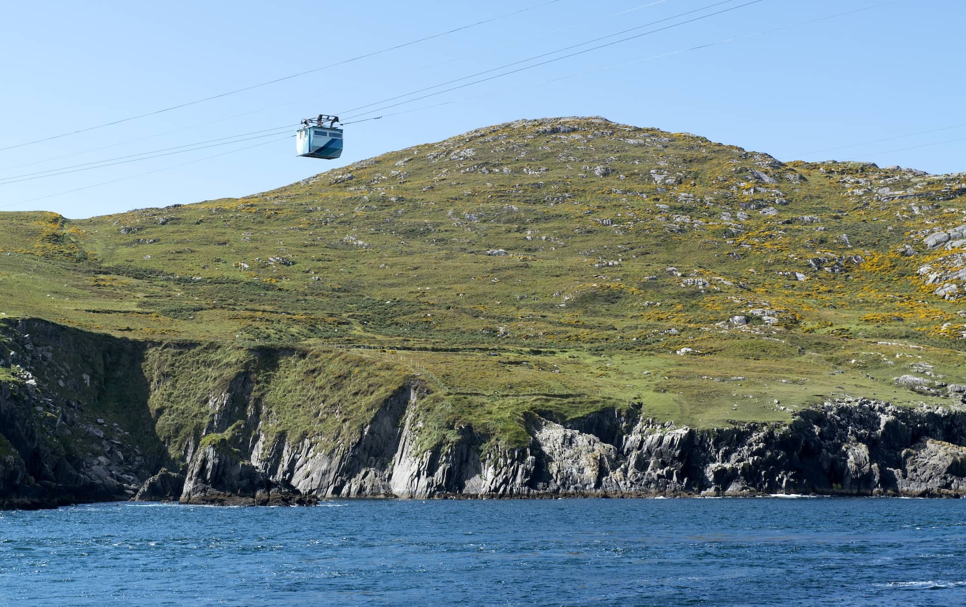 Dursey Island cable car over rugged coastline, West Cork, above Atlantic waters on clear day.
