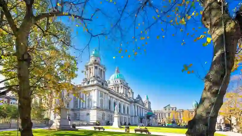 Belfast City Hall framed by autumn leaves, its green domes rising above the lawns and statues.