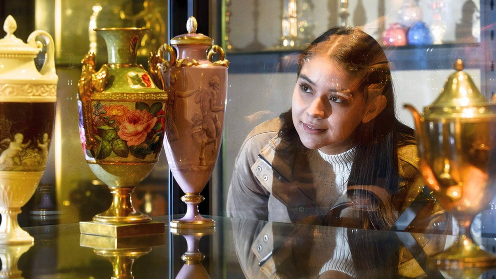 A young woman looks through a glass display at decorated ceramic vases in the National Museum of Ireland.