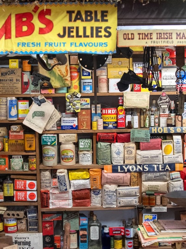 Vintage Irish grocery display at Derryglad Folk Museum, County Roscommon, with retro packaging.