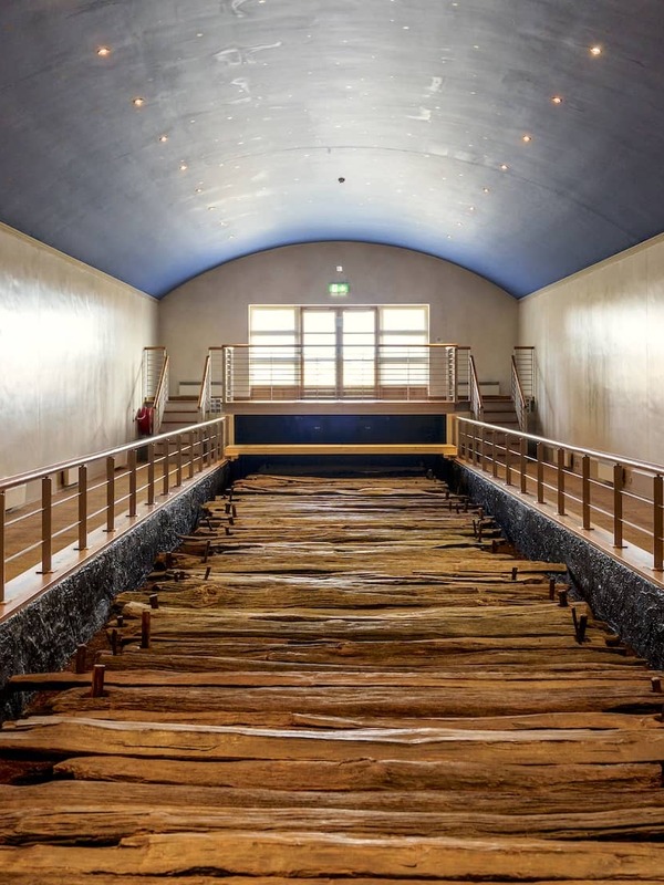 Ancient Corlea Trackway in County Longford, preserved Iron Age oak road displayed in a museum.
