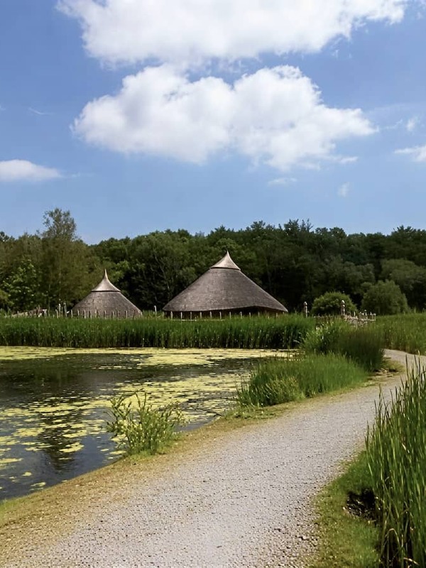 Reconstructed crannóg houses at Irish National Heritage Park, County Wexford, beside a reed-lined lake and walking path.
