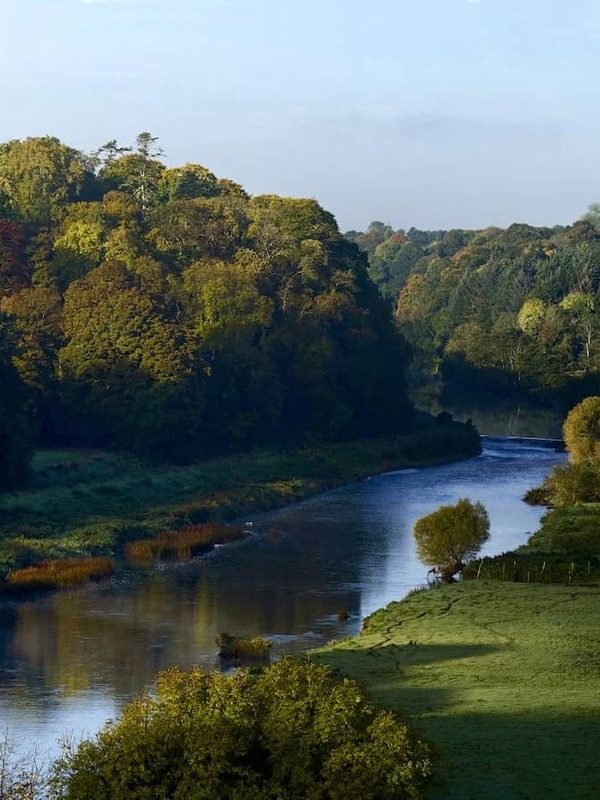Scenic view of the River Boyne winding through wooded hills and green fields in County Meath.