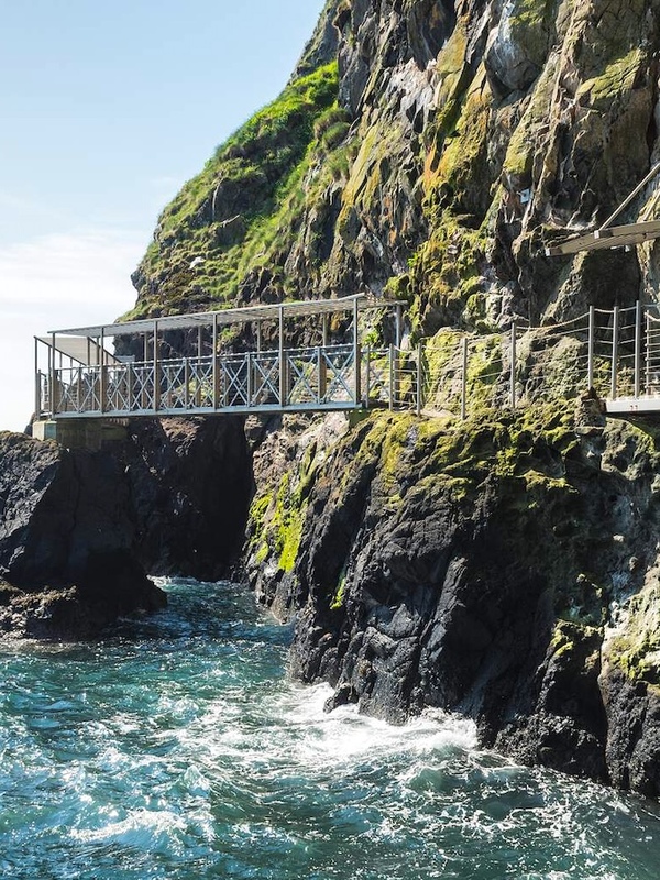Coastal cliffside path at The Gobbins with a metal walkway above waves on Northern Ireland’s rugged shoreline.