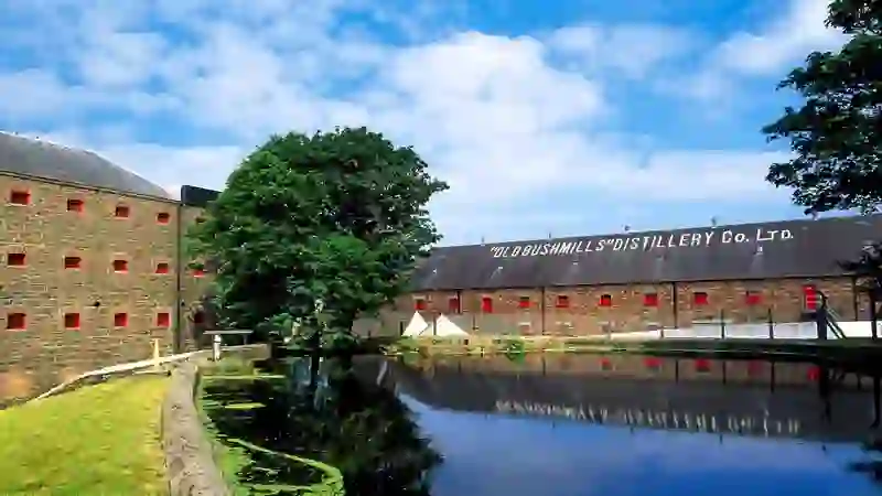 Reflections of the historic Old Bushmills Distillery warehouses with Antrim with red shutters beside a tree-lined pond.