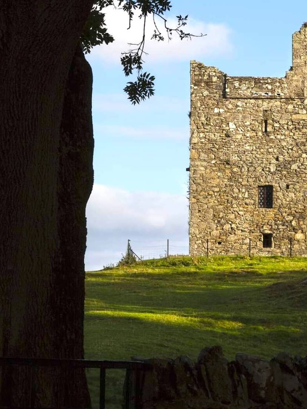 Historic Audley's Castle framed by trees in the countryside of County Down, Northern Ireland.