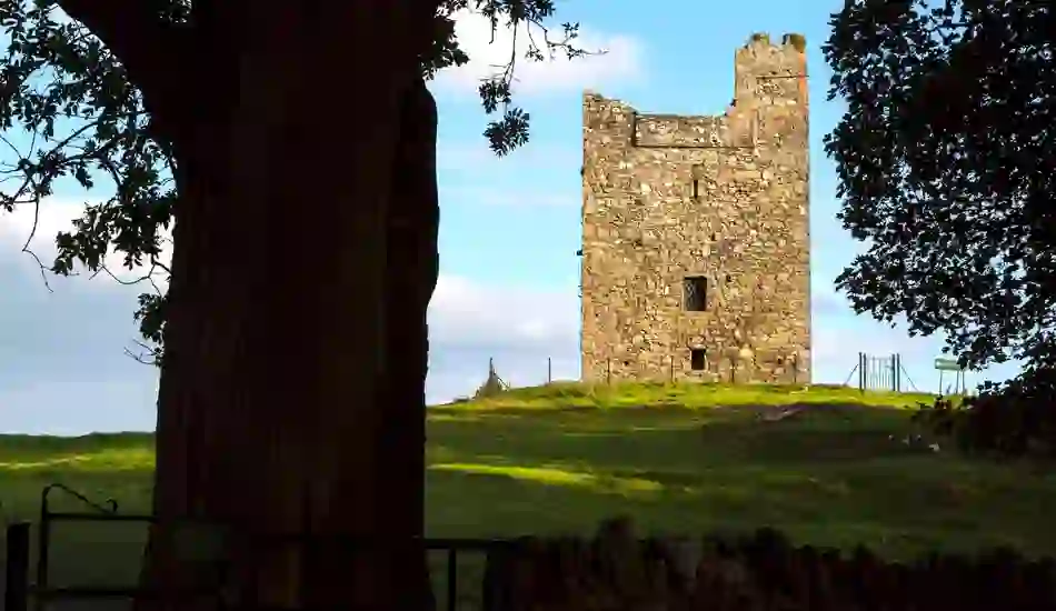 Historic Audley's Castle framed by trees in the countryside of County Down, Northern Ireland.