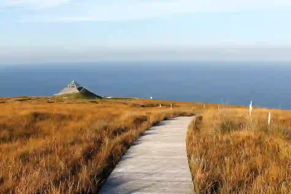 Wooden boardwalk leading through golden moorland to the pyramid-shaped Céide Fields visitor centre overlooking the Atlantic.