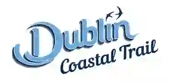 Stylised blue 'Dublin Coastal Trail' logo with two swallows flying overhead, evoking motion and coastal charm.