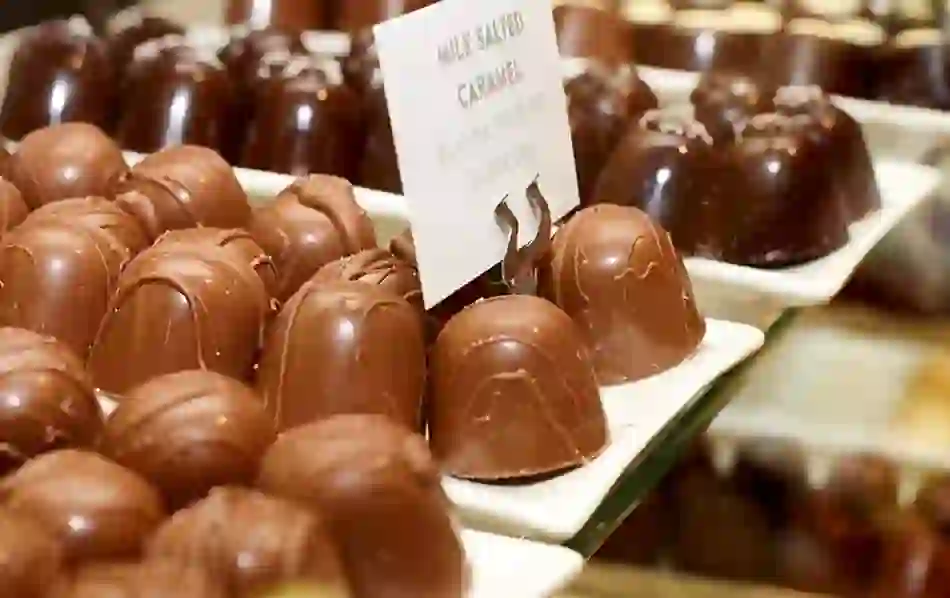 Milk salted caramel chocolates on display at The Chocolate Garden, County Carlow.