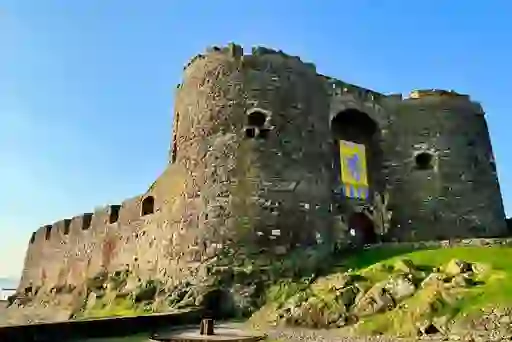 A medieval stone fortress with rounded towers and a lion-emblazoned banner above its arched entrance.