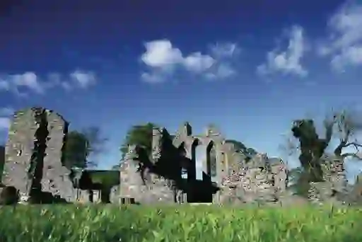 Stone ruins of a medieval abbey rise above green grass under a deep blue sky with scattered clouds.