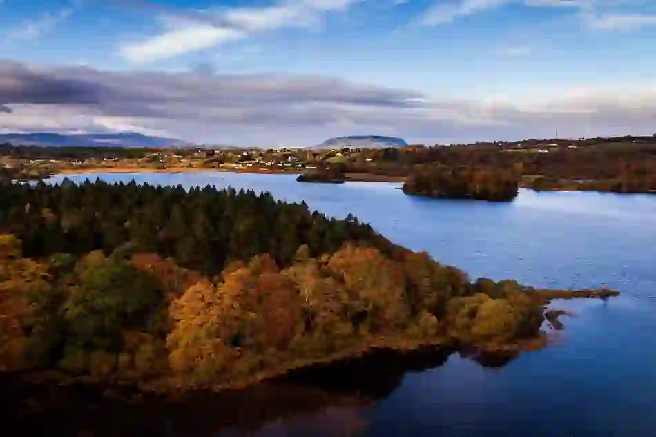 Autumn trees and lakeside woodland at Lough Gill in County Sligo, Ireland, with mountains in the distance.