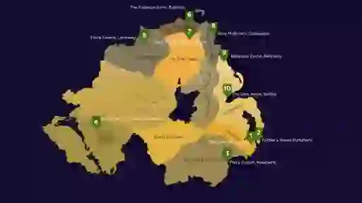 Map of Northern Ireland marking ten Game of Thrones® filming locations and pub doors across the region.