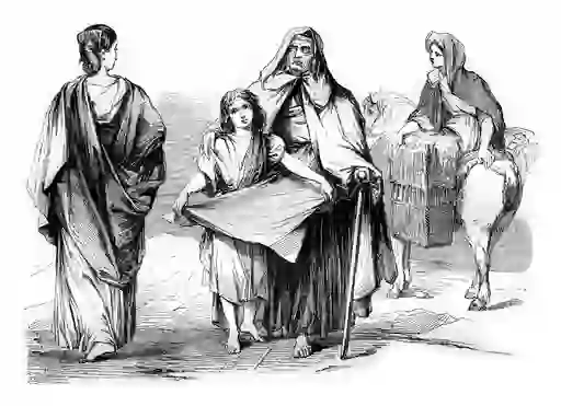 Vintage 1843 engraved illustration showing traditional Irish costumes, including women, a child, and a figure on horseback.