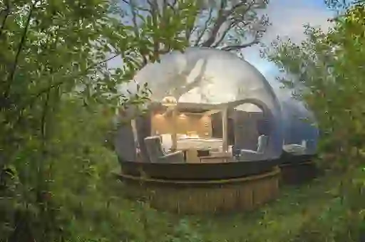A clear dome glamping pod at Finn Lough, County Fermanagh, surrounded by forest and misted with rain.
